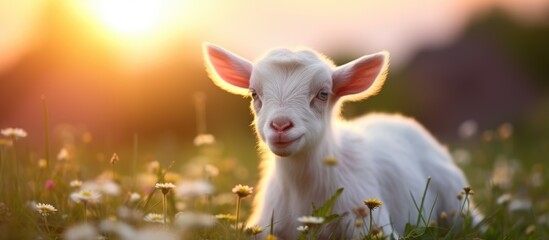 A baby goat is sitting in the lush green grass of a summer animal farm. The adorable young goat is relaxed and content as it takes in its surroundings.