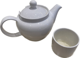 Hot green tea in white cup and tea pot isolate on white background