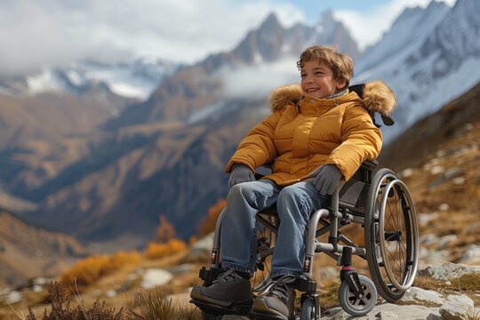 Smiling disabled boy sits in wheelchair in the mountains. Close up photo of the young man affected by cerebral palsy. Rehabilitation picture.
