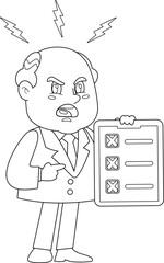 Outlined Angry Business Boss Man Cartoon Character Talking And Pointing Checklist. Vector Hand Drawn Illustration Isolated On Transparent Background