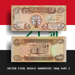 Vector pixel mosaic banknote of Iraq. Note in denominations of 1000 dinars 2018. Play money or flyers. Part 2