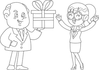 Outlined Happy Business Boss Man Surprising Secretary With Gift Cartoon Characters. Vector Hand Drawn Illustration Isolated On Transparent Background