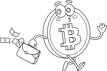 Outlined Bitcoin Cartoon Character Walking With Briefcase Full Of Money. Vector Hand Drawn Illustration Isolated On Transparent Background