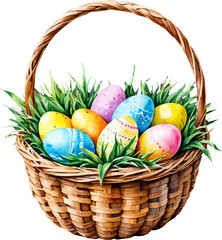 Easter witted basket with easter eggs. Colorful vector in watercolor style.