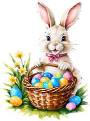 Easter bunny with wicker basket and easter eggs. Cartoon illustration. A vector in watercolor style