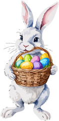 Easter bunny with wicker basket and easter eggs. Cartoon illustration. A vector in watercolor style