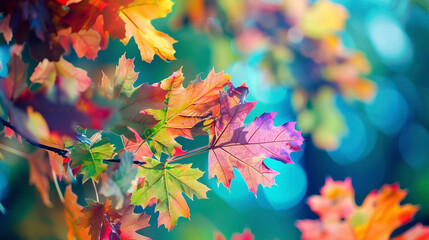 秋の森の中の鮮やかなカエデの葉　Generative AI
