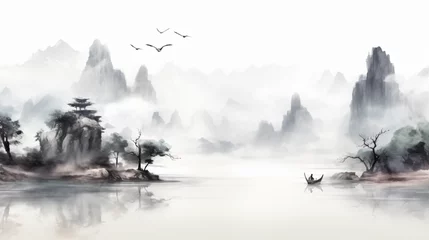 Schilderijen op glas Chinese style ink and wash landscape painting scene  © Anaya