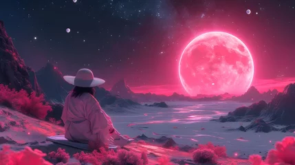 Schilderijen op glas Cosmic escapism. Fantasy scene in pink colors. A woman watches the cosmic sky. © emerald17