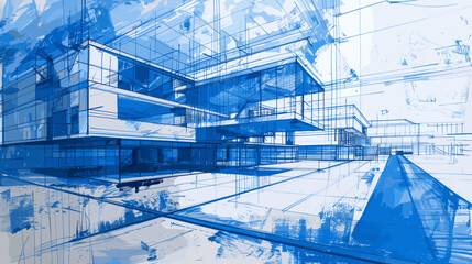 Architectural concept drawing of an urban residential complex in a blueprint sketch style with modern building construction