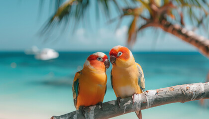 Two colored parrots against the backdrop of the sea in the tropics.