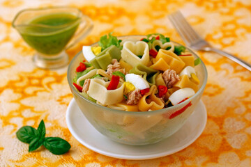 Salad with pasta and almond pesto.