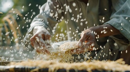 Farmer selects the impurity out off the grain jasmine rice seed by traditional hand process. Rice...