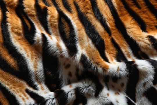 A close up picture of a wild tiger skin. animal pattern blanket. fabrics texture. hair and fluffy wallpaper for backgrounds and backdrop. cloth with stripes on it with brown and orange, AI Generated.