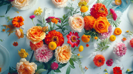 A cheerful display of roses, zinnias, and marigolds arranged gracefully on a white table, evoking the joyous spirit of spring and summer holidays. Top view