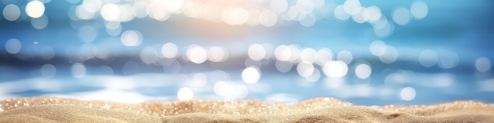 Sandy beach and defocused crystal clear ocean water in sparklecore aesthetic, set against light blue and beige tones, bokeh panorama, minimalist clear background. - Powered by Adobe