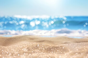 Fototapeta na wymiar Sandy beach and defocused crystal clear ocean water in sparklecore aesthetic, set against light blue and beige tones, bokeh panorama, minimalist clear background.