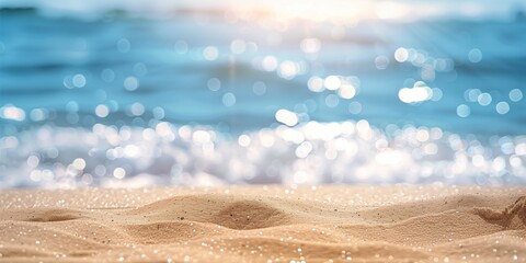 Sandy beach and defocused crystal clear ocean water in sparklecore aesthetic, set against light blue and beige tones, bokeh panorama, minimalist clear background.