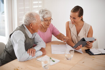 Finance, senior couple and tablet for insurance or discussion, consult and accountant for...
