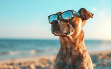Cool Canine on the Shore, A dog exudes coolness with a pair of sunglasses perched on its nose, gazing out over the beach, embodying a sense of summer vibes and relaxed beach life. - obrazy, fototapety, plakaty