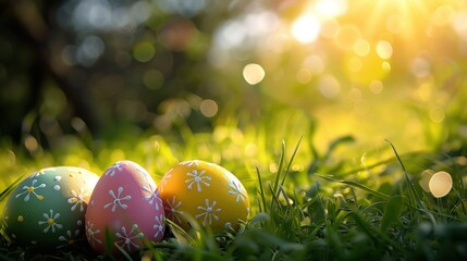 Easter eggs rest in the soft embrace of fresh spring grass, illuminated by the gentle light of a sunrise that dapples through the trees, creating a magical start to an Easter morning.