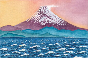 伊豆大島の冬　夕日に映える白波越しの富士の絶景　