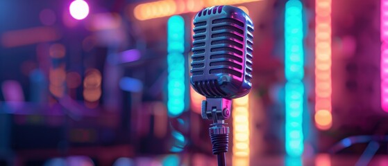 A close-up of a vintage microphone with a sleek design, set against a backdrop of vibrant neon...