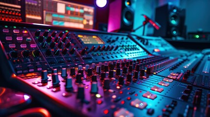 A detailed view of a state-of-the-art audio mixing console with various sliders, knobs, and buttons, highlighted by ambient blue and red lighting, indicating an active recording or mixing session