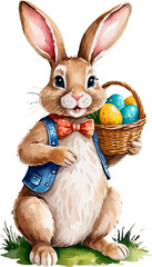 Easter bunny with wicker basket and easter eggs. Cartoon illustration. A vector in watercolor style