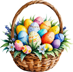 Easter witted basket with easter eggs. Colorful vector in watercolor style.