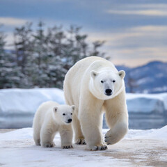 아기 북극곰과 함께 이동하는 엄마 북극곰