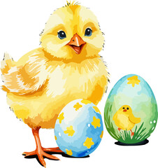 Easter illustration with chick and easter eggs. watercolor style vector