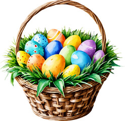 Easter witted basket with easter eggs. Colorful vector in watercolor style.
