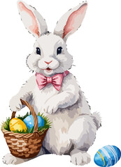 Easter bunny with wicker basket and easter eggs. Cartoon illustration. A vector in watercolor style
