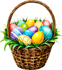 Easter witted basket with easter eggs. Colorful vector in watercolor style.