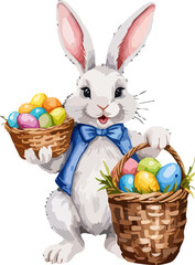 Easter bunny with wicker basket and easter eggs. Cartoon illustration. A vector in watercolor style
