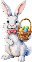 Easter bunny with wicker basket and easter eggs. Cartoon illustration. A vector in watercolor style