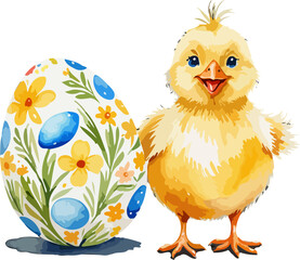 Easter illustration with chick and easter eggs. watercolor style vector