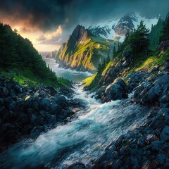 A stormy stream in a mountain gorge at sunset. The White Sea coast. Wonderful colorful mountain landscape.