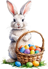 Easter bunny with wicker basket and easter eggs. Cartoon illustration. A vector in watercolor style