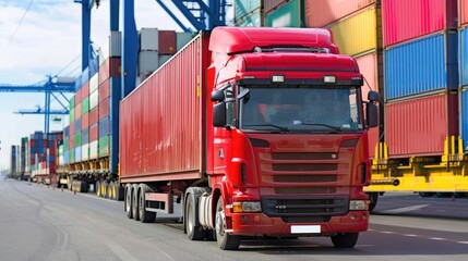 Red truck transporting container at port