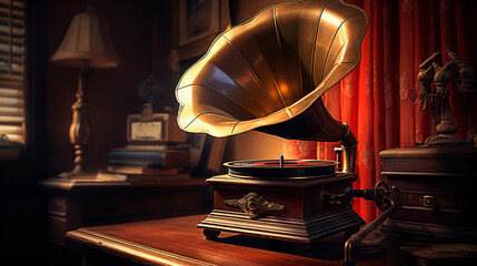 Classic Phonograph Gramophone with Spinning Record 