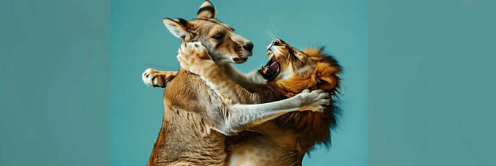 Lion and Kangaroo Embrace on Teal Background