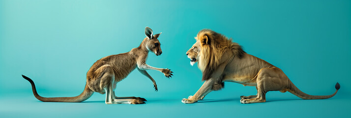 Kangaroo and Lion in Dynamic Playful Stance on Blue Background