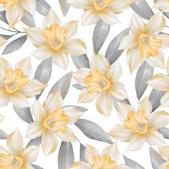 Yellow daffodils flower heads with gray leaves. Seamless floral pattern - 754246362