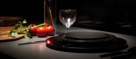 A black kitchen table is adorned with a white plate and a sharp knife. The knife is neatly placed next to the plate, creating a simple yet elegant setting.