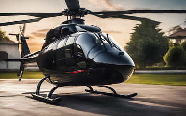 Black helicopter stands on the runway near the private house of a billionaire - obrazy, fototapety, plakaty
