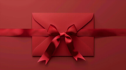 Aesthetic elegant red envelope invitation with ribbon for gala event. Greeting concept. Copy space. Generative AI