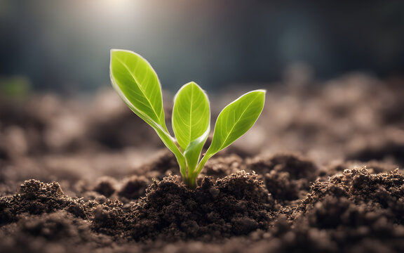 Close up of a young plant sprouting from the ground. Concept of new life