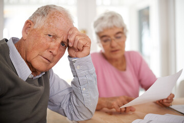 Senior, couple and documents for discussion with worry, finance conversation for will at home....